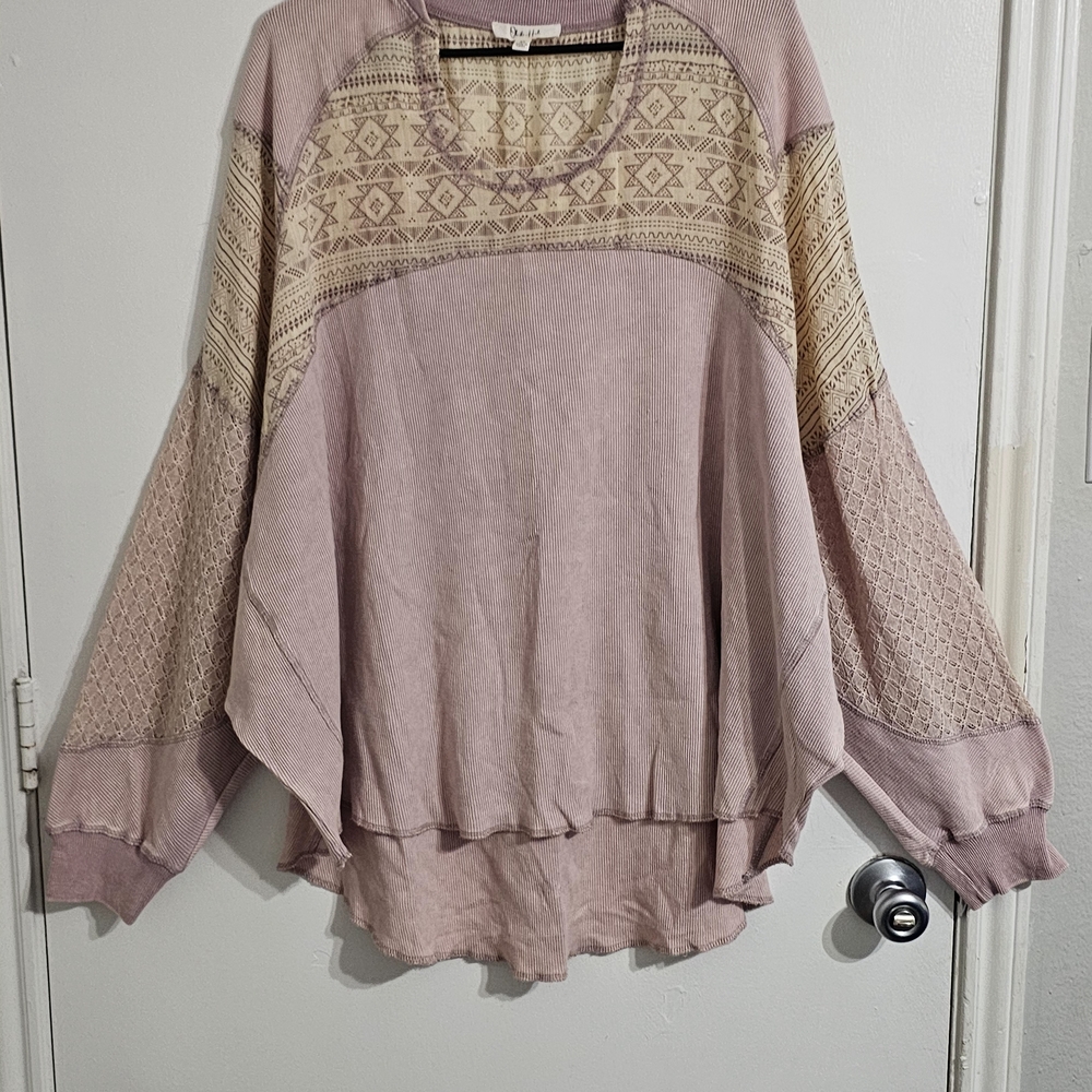 Oli & Hali Raw Hem Patchwork Blouse Top Size XL Lilac Lagenlook Rustic Oversized - Picture 2 of 12